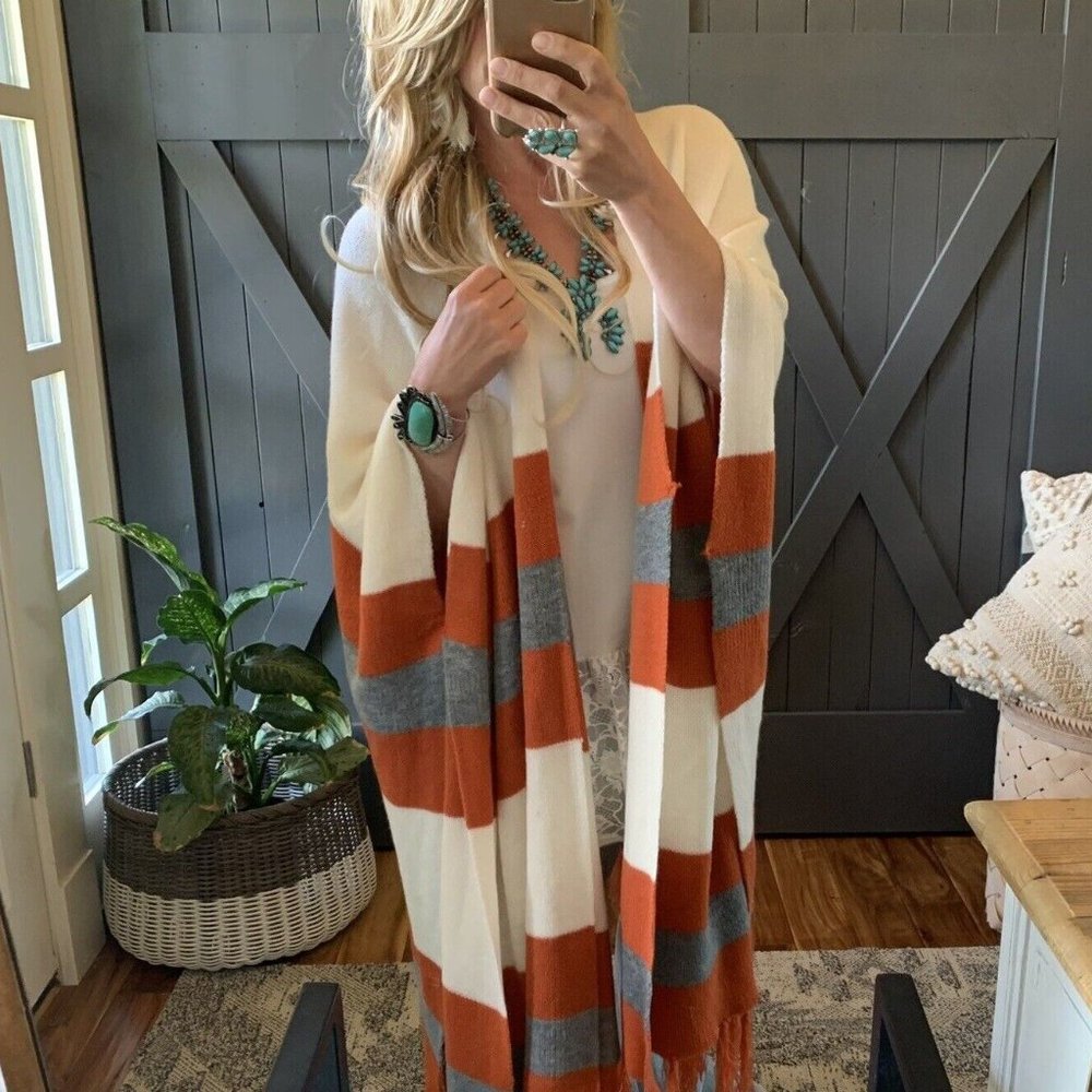 New Western Stripe Fringe Poncho Blanket Cardigan Sweater - Picture 5 of 9